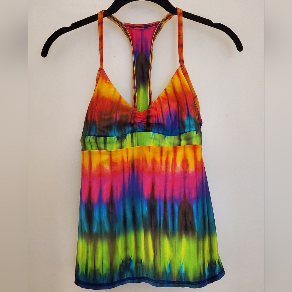 Trina Turk yoga top, racerback, size small, bright tie die, multi sport!